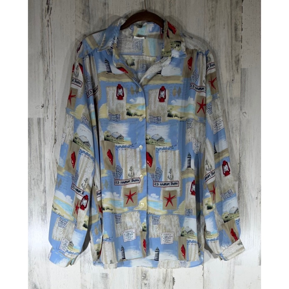 All Hours Button Up Shirt Large Blue Nautical Coastal Lighthouse Nantucket Beach